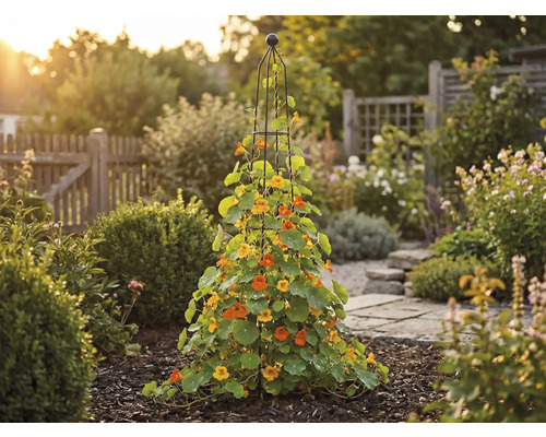 Gartenansicht mit Kletterpflanzen an einer Rankhilfe