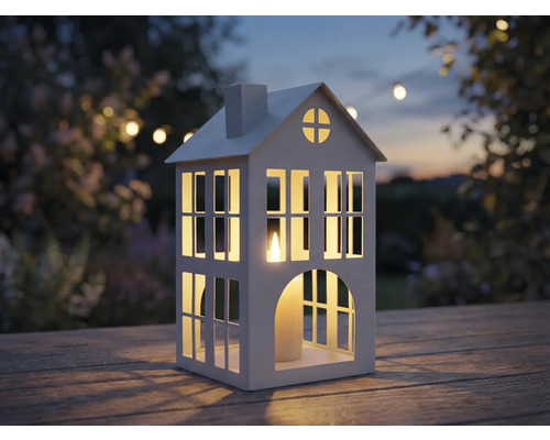 Dekorative Hauslaterne mit Kerze auf einem Holztisch