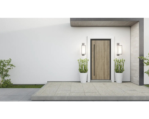 Eingangsbereich eines Hauses mit Haustür, Aussenleuchten und Pflanzenkübeln