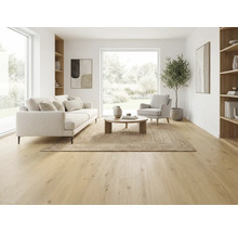 Salon lumineux avec canapé, fauteuil, tapis et parquet