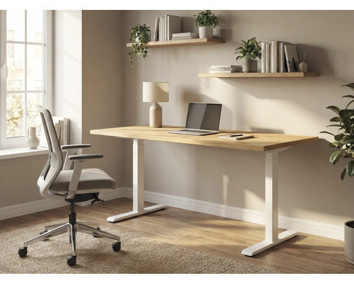 Aménagement avec bureau, chaise de bureau et étagères dans une pièce de travail