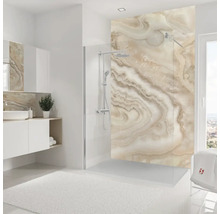 Salle de bain moderne avec douche, lavabo et miroir