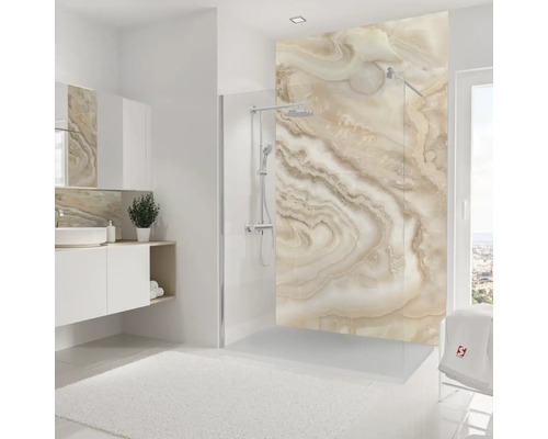 Salle de bain moderne avec douche, lavabo et miroir