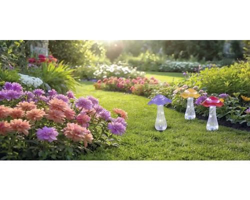 Gartenlandschaft mit Pilzleuchten zwischen Blumenbeeten