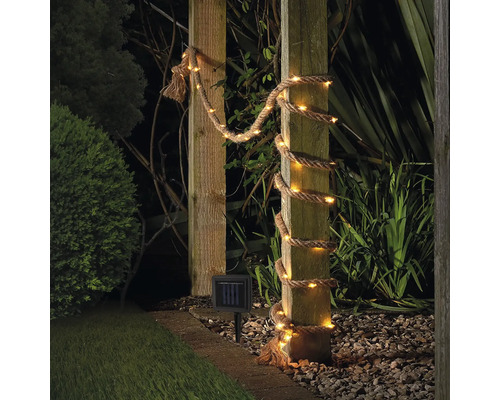 Lampe solaire de jardin avec corde et lumières LED enroulées autour d'un poteau en bois