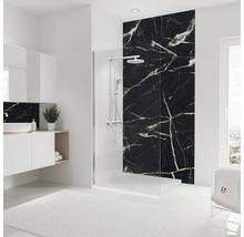 Salle de bains moderne avec douche, lavabo et mur en marbre noir