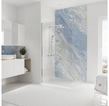 Salle de bain avec douche, lavabo et miroir dans un design lumineux