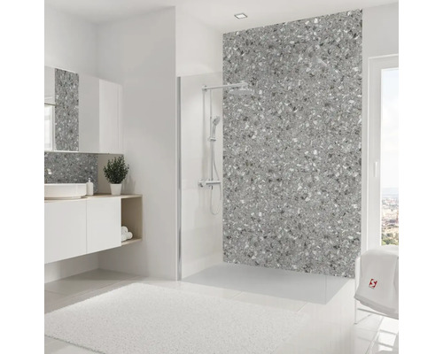 Salle de bain moderne avec douche, lavabo et miroir