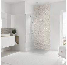 Salle de bains avec douche, lavabo et miroir dans un design lumineux