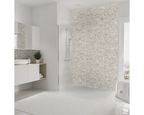 Salle de bains moderne avec douche à l'italienne, lavabo et miroir