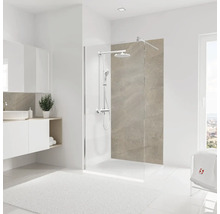 Salle de bains avec paroi de douche en verre, meuble sous-lavabo et serviette