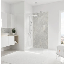 Salle de bains moderne avec paroi de douche, lavabo et miroir