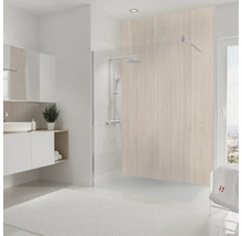 Salle de bain avec douche, lavabo et miroir