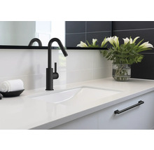 Waschbecken mit schwarzer Armatur, weißer Arbeitsplatte und Dekoration im Badezimmer