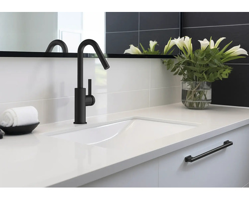 Waschbecken mit schwarzer Armatur, weißer Arbeitsplatte und Dekoration im Badezimmer