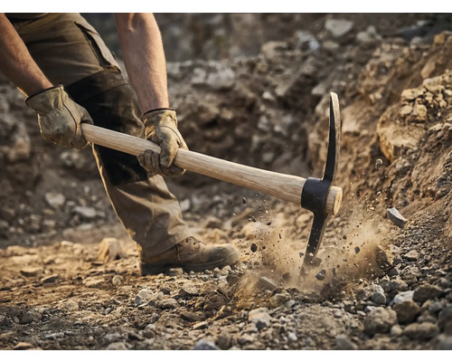 Un homme utilise une pioche pour creuser dans le sol