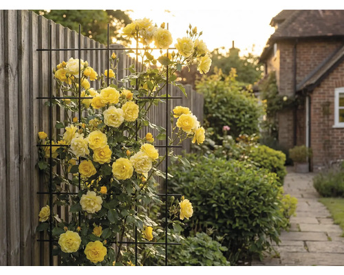 Rosiers grimpants jaunes sur un treillis métallique dans le jardin