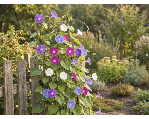 Gartenansicht mit Zaun und Kletterpflanze mit bunten Blüten