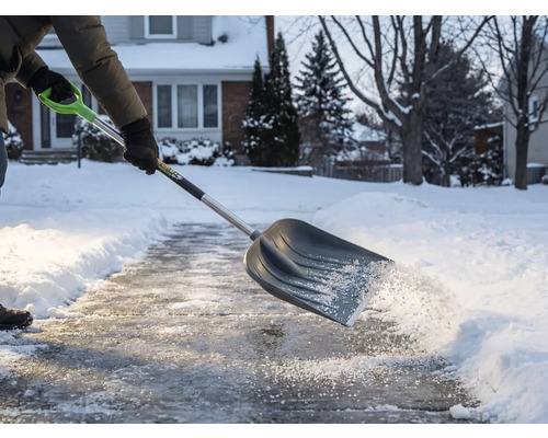 Personne déneigeant un trottoir avec une pelle à neige