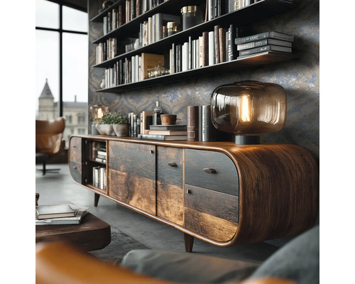 Wohnzimmer mit Sideboard aus Holz, Tischleuchte aus Glas mit Glühfaden, Wandregal mit Büchern und gemusterter Tapete.