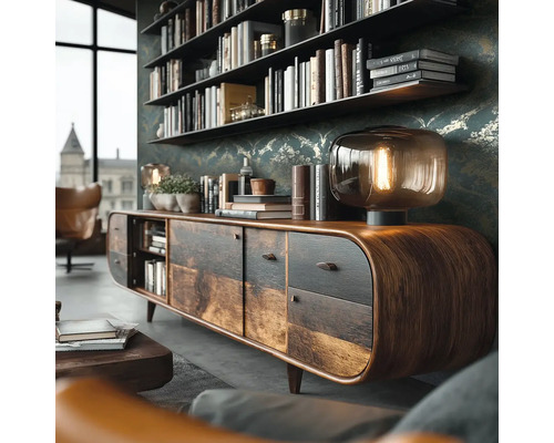 Wohnzimmer mit Holzkommode, Lampe und Bücherregal
