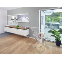 Heller Raum mit Wäscheständer, Waschtisch und Fenster zum Balkon