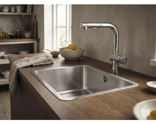 Évier avec robinet dans une cuisine claire