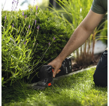 Jardinier taillant une haie avec une cisaille à gazon sans fil dans le jardin.