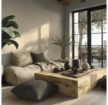Salon minimaliste lumineux avec un canapé bas en tissu, une table basse en bloc de bois massif et de grandes fenêtres donnant sur une terrasse.