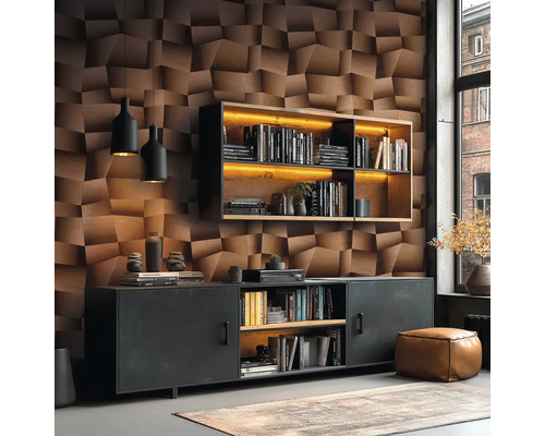 Salon avec bibliothèque, commode, panneaux muraux tridimensionnels et suspensions.