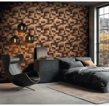 Chambre moderne avec panneaux muraux structurés, fauteuil et suspensions