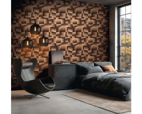 Chambre moderne avec panneaux muraux structurés, fauteuil et suspensions