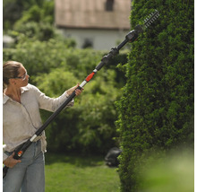 Une femme coupe une haie dans le jardin avec un taille-haie à batterie à manche télescopique.