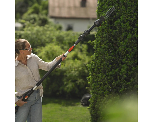 Une femme coupe une haie dans le jardin avec un taille-haie à batterie à manche télescopique.