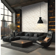 Helles, geräumiges Wohnzimmer im Industriedesign mit strukturierter 3D-Wand, dunklem Ecksofa, Holztisch und großem Fenster.