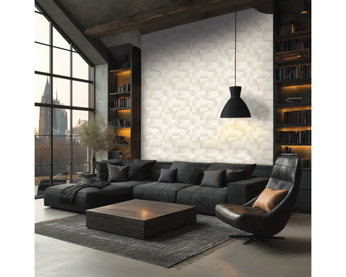 Helles, geräumiges Wohnzimmer im Industriedesign mit strukturierter 3D-Wand, dunklem Ecksofa, Holztisch und großem Fenster.
