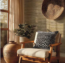 Espace de vie décoratif avec fauteuil, coussin décoratif, plante d'intérieur, décoration et fenêtre