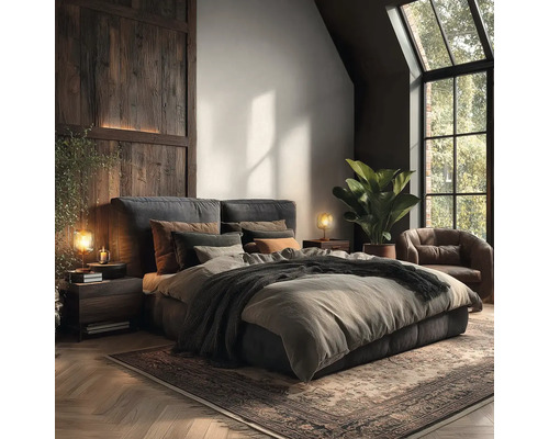 Modernes, gemütliches Schlafzimmer mit gepolstertem Bett, dunkler Holzwandverkleidung, großem Fenster, Zimmerpflanze und Fischgrät-Parkett.