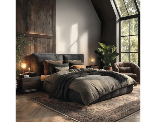 Ein gemütliches Schlafzimmer im industriellen Stil mit einem gepolsterten Bett, einer Holzwand, einem Ledersessel und großen Fenstern.