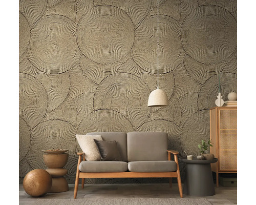 Wohnzimmer mit Sofa vor einer Wand mit kreisförmigem Seildesign-Tapete