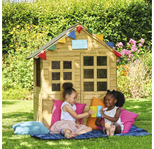 Cabane de jeu en bois avec deux enfants jouant dans le jardin.