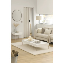 Salon avec canapé, table, tapis, miroir et porte pliante