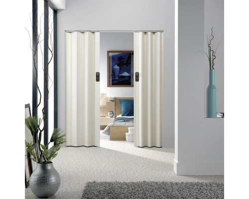 Vue d'une pièce avec une porte pliante comme séparateur d'espace