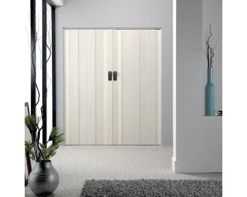 Porte pliante blanche avec poignées dans une pièce lumineuse.