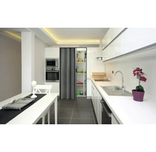 Cuisine claire avec table à manger et kitchenette avec évier et robinetterie