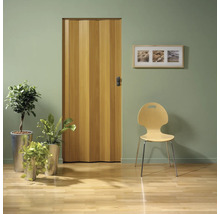 Ambiance de pièce avec porte pliante en bois, chaise et plantes