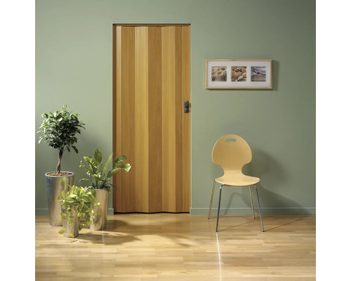 Ambiance de pièce avec porte pliante en bois, chaise et plantes