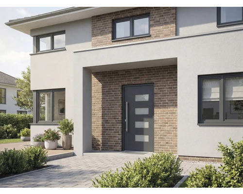 Maison moderne avec porte d'entrée, fenêtres et maçonnerie en briques