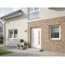 Ansicht eines Hauses mit weisser Haustür, Fenstern und Fassade mit Backsteinelementen