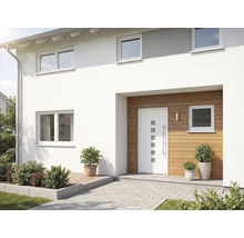 Façade de maison avec porte d'entrée, fenêtres et plantes